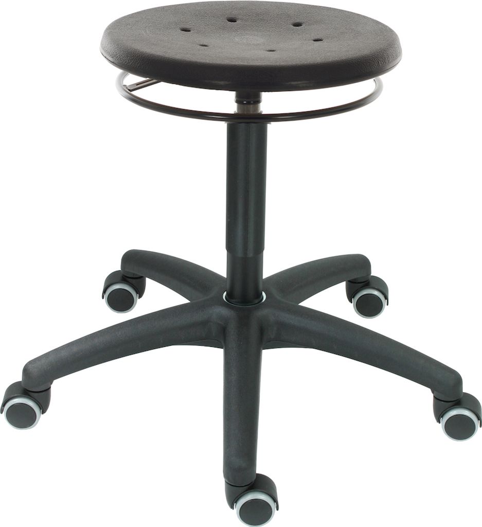Drehhocker Atlanta | Sitzhöhe 42-61cm | Ø 63cm | Tragfähigkeit 110kg | Polyurethane-Sitz | Kunststof-Fußkreuz mit Rollen | Ringauslösung | Sch...