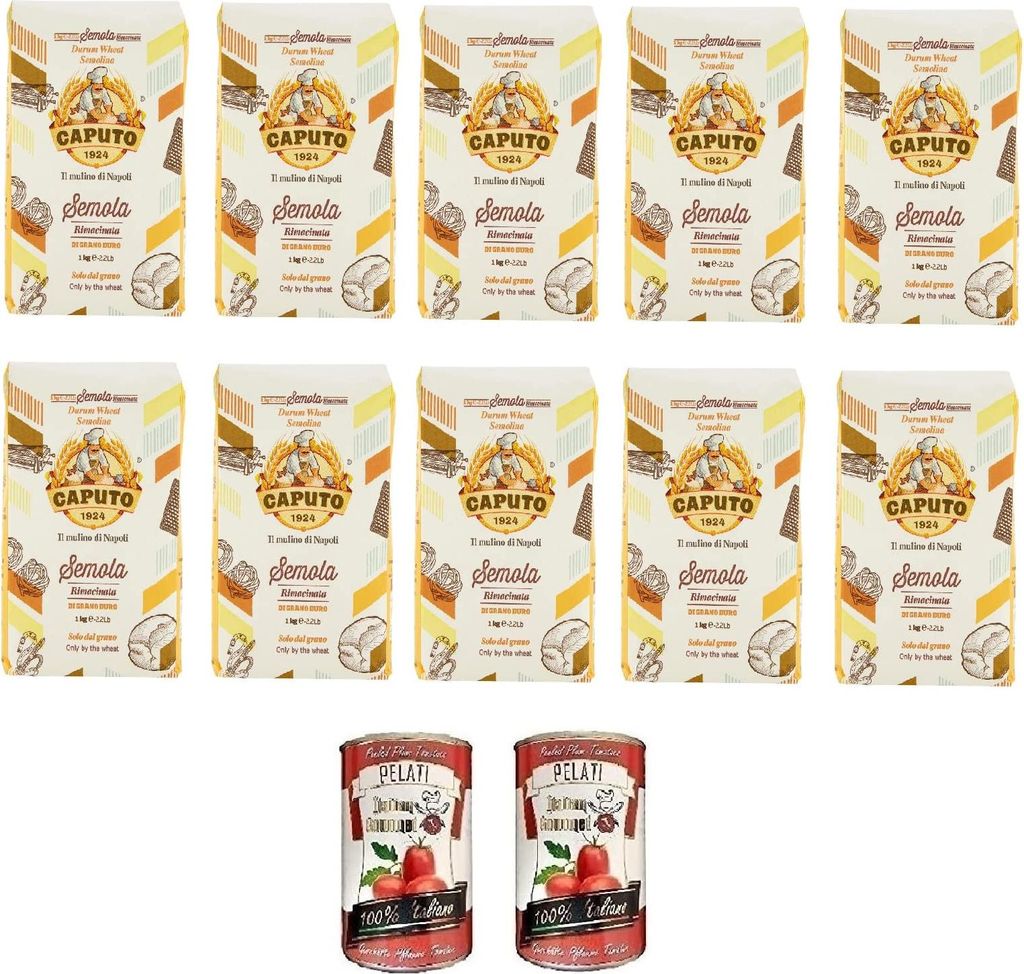MOLINO CAPUTO Antico Mühle Caputo Semola Hartkorn Rimacinata 10-Pack + Italian Gourmet 100% italienische geschälte Tomaten dosen 2x 400g