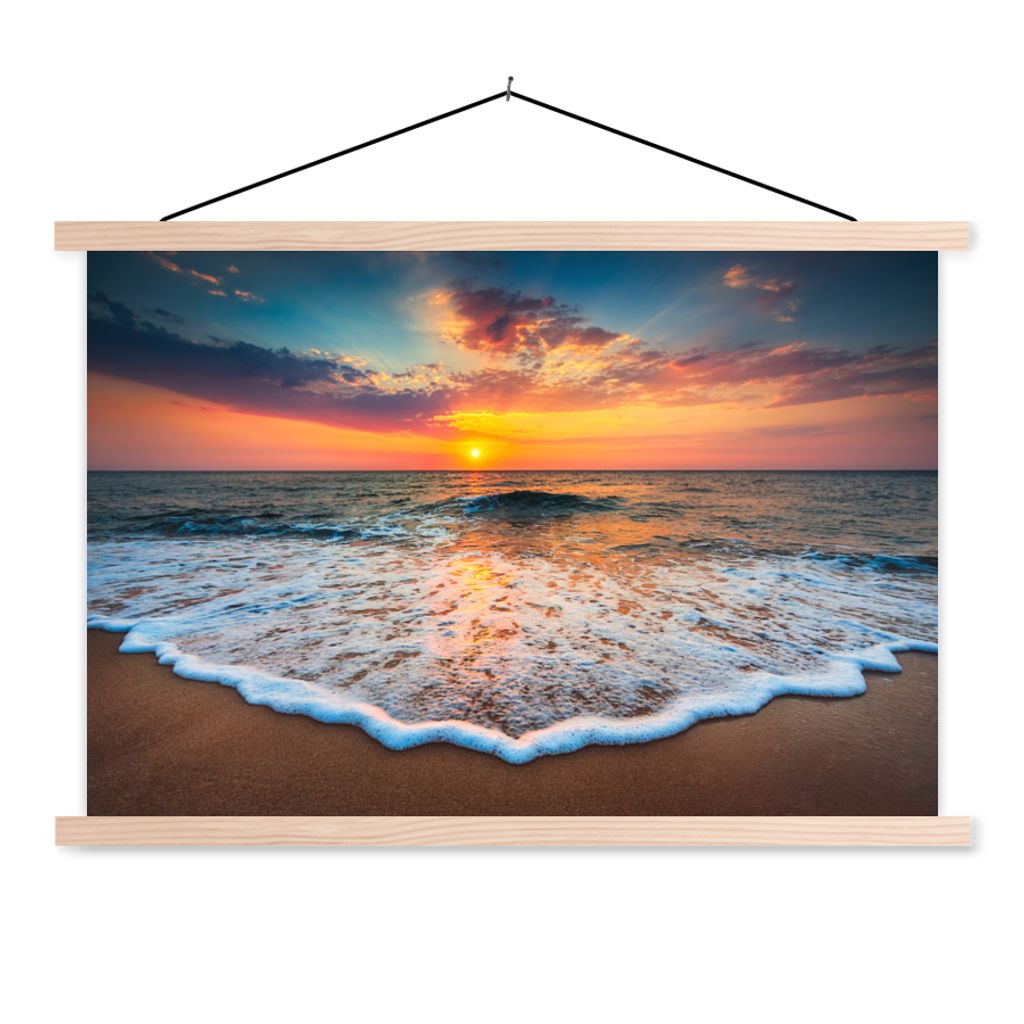 MuchoWow Textilposter Strand - Meer - Sonnenuntergang 60x40 cm mit holzfarbenen Rahmen - Bilder