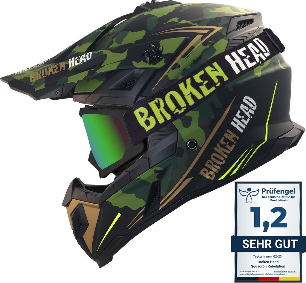 Broken Head Crosshelm Squadron Rebelution Grün-Gold + MX-2 Brille Schwarz : L (59-60 cm) Größe: L (59-60 cm)