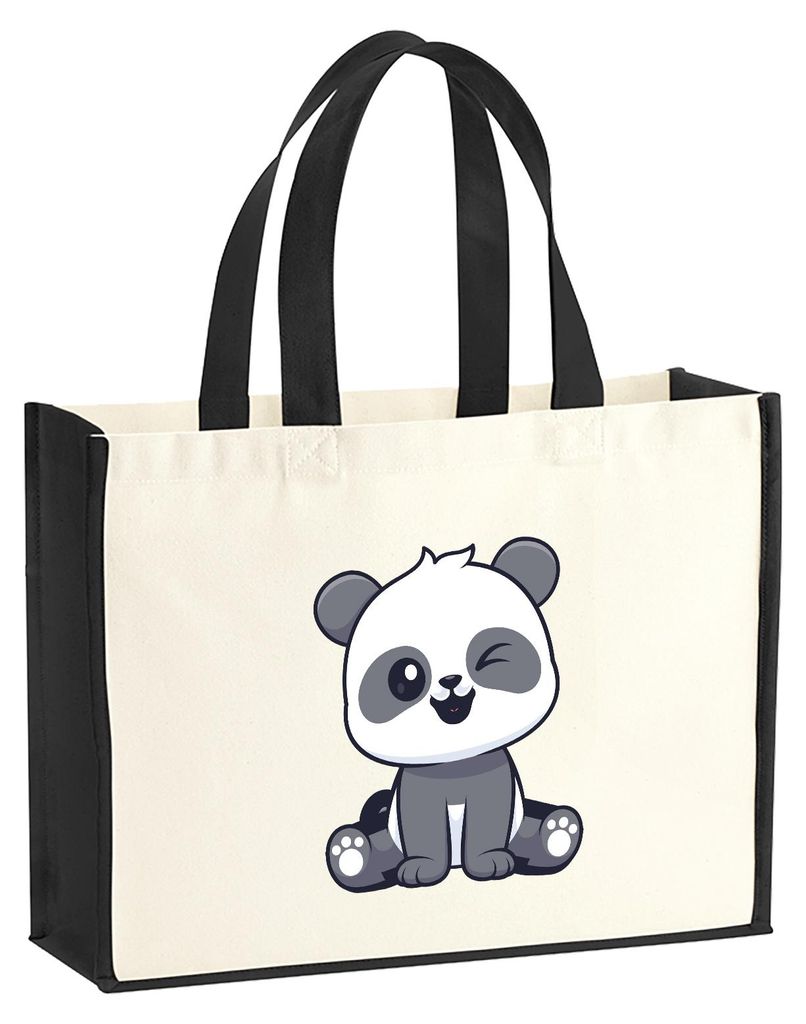 Huuraa Jutetasche Panda Comic 21 Liter Black Jute und Baumwolle Einkaufstasche Geschenkidee