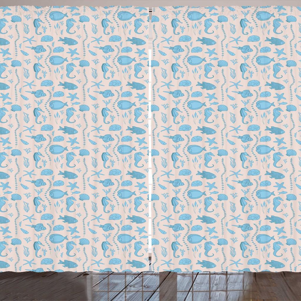 ARANDE Nautisch Gardine, Meer Pflanzen Seepferde Fische Muscheln und Korallen-Muster, 280 x 245 cm, Eierschalenfarben Himmelblau