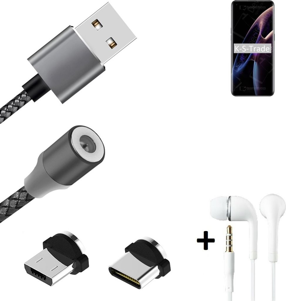 K-S-Trade Hochwertiges Magnet-Lade-kabel Sync-Kabel Daten-Kabel + Kopfhörer kompatibel mit Oppo Find X3 Pro Photographer Edition mit