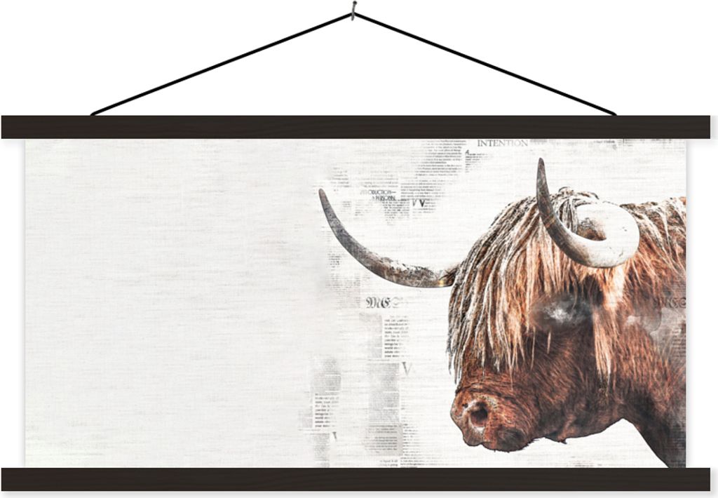 MuchoWow Textilposter Schottische Hochlandrind - Kühe - Zeitungspapier 90x45 cm mit schwarzem Rahmen - Klemmleisten
