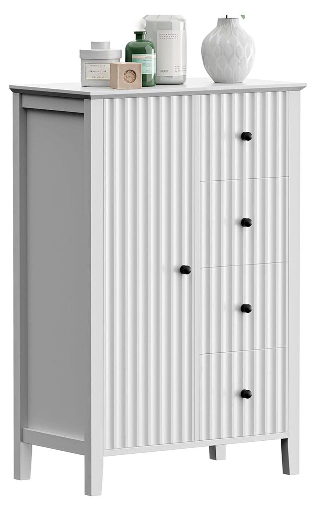 Schmaler Badezimmerschrank in Weiß mit 4 Schubladen, verstellbarem Regal und Türen, geeignet für Badezimmer, Wohnzimmer, Schlafzimmer und Küche...