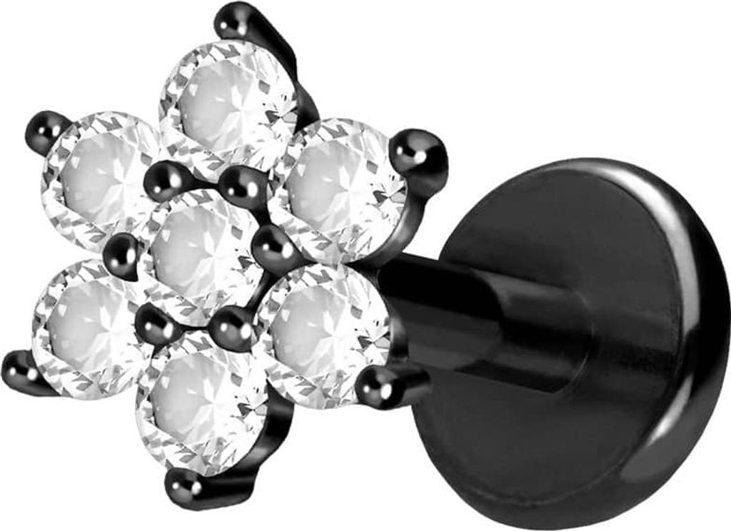 Ohrpiercing, Nasenpiercing Titan Labret mit Push Fit KRISTALLBLUME Schwarz Stablänge: 6mm | Stabstärke: 1mm