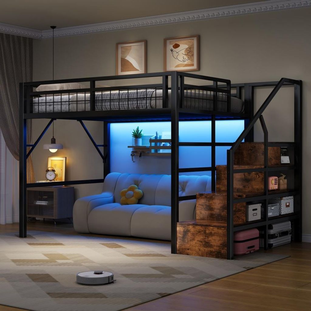 Schwarz Hochbett aus Eisen mit LED-Lichtleiste und Treppe mit Stauraum, individuell gestaltbar, ohne Matratze, Maße: 90 x 200 cm.