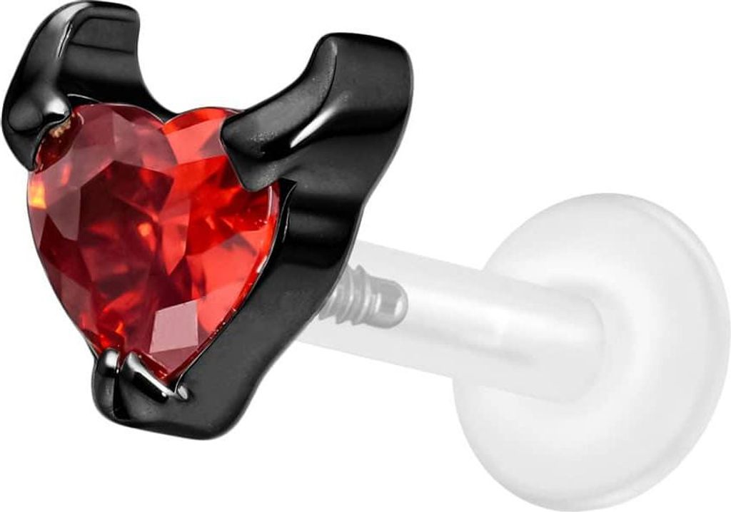 Ohrpiercing, Nasenpiercing PTFE Labret mit Innengewinde + Titan-Aufsatz TEUFELSHERZ Schwarz Stablänge: 8mm | Stabstärke: 1,6mm