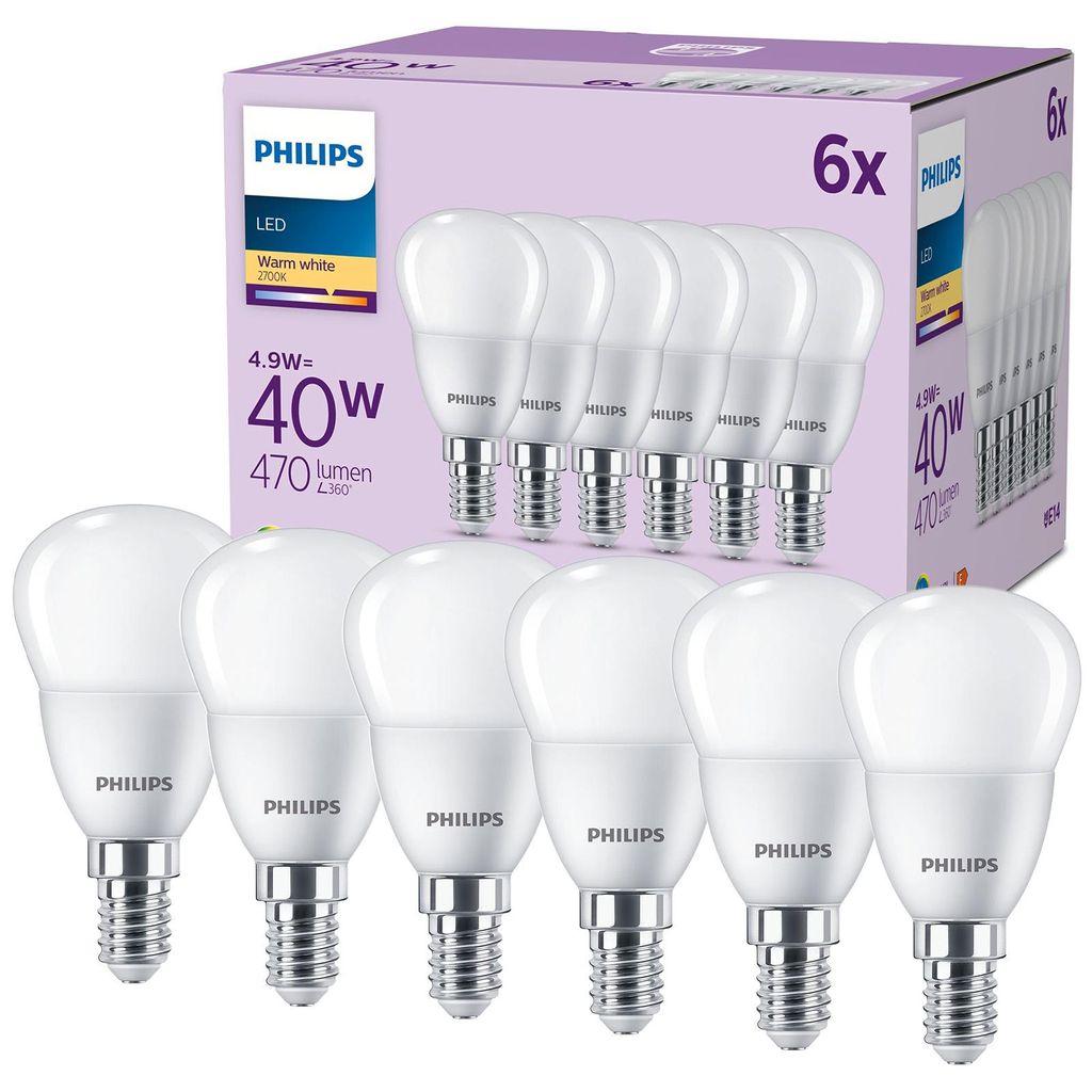 Philips Świeczka 40 W P45 E14 x6, 4,9 W, 40 W, E14, 470 lm, Zdjęcie produktu 