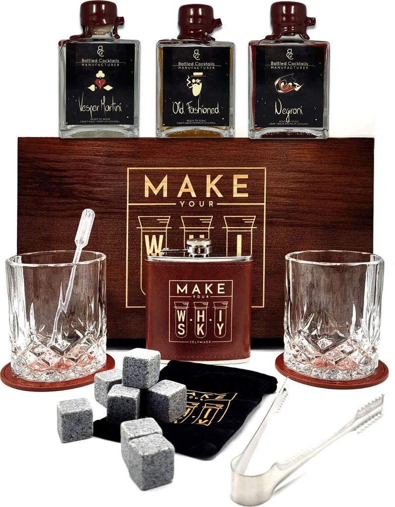 Make your Whisky Set Geschenkset in Holzbox mit 3er Set Fertigcocktails Negroni (24,13% Vol) Old Fashioned (23,96% Vol) Vesper Martini (24,13% Vol)...