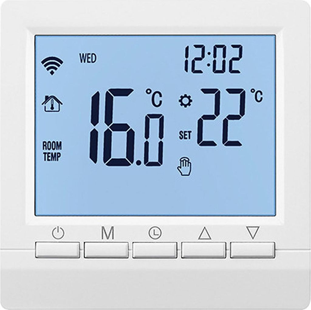 A digital thermostat with a blue LCD screen displaying temperature and time.