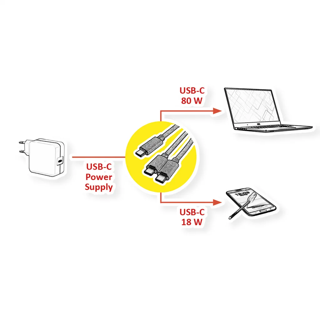 Câble USB-C vers double USB-C 100W ultra robuste ROLINE noir de 1,85m - 2
