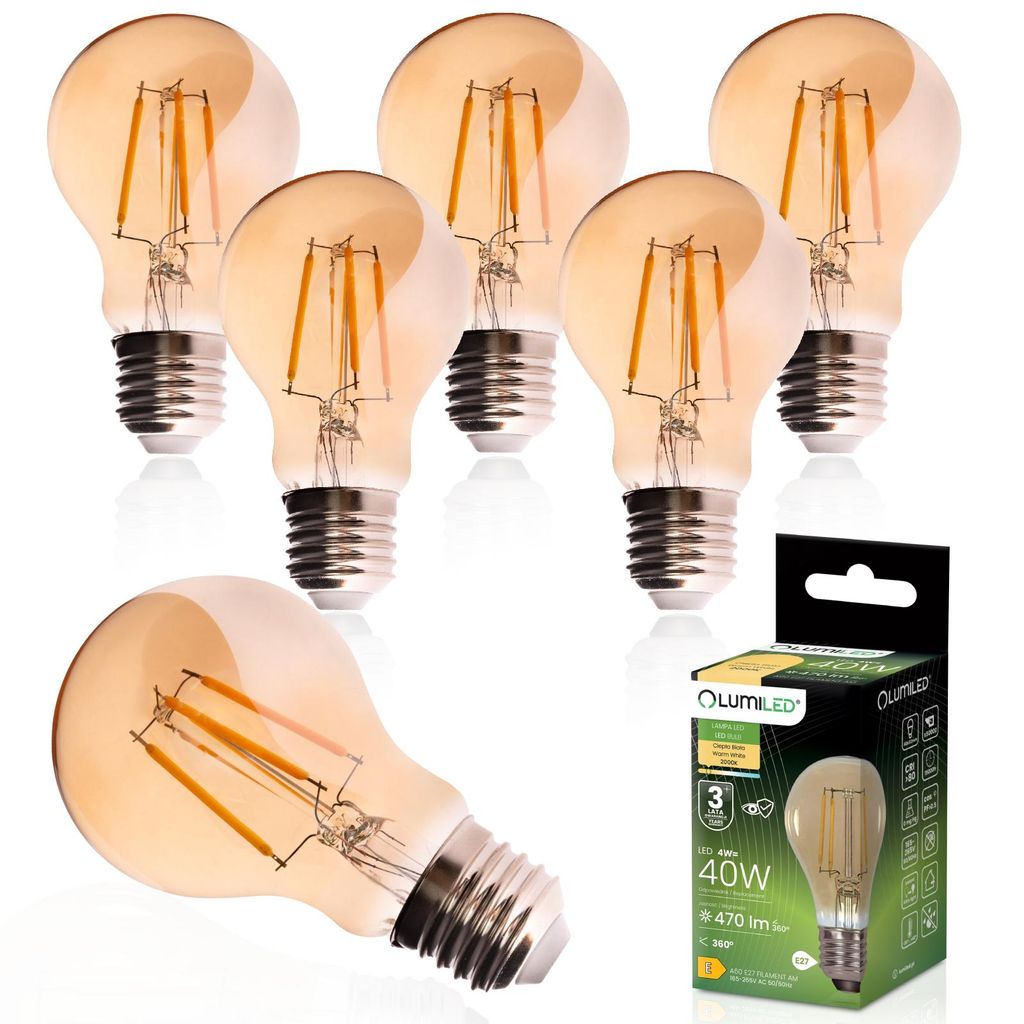 LUMILED Zestaw 6 żarówek LED A60 E27 4W 470lm 2000K Amber Zdjęcie produktu 