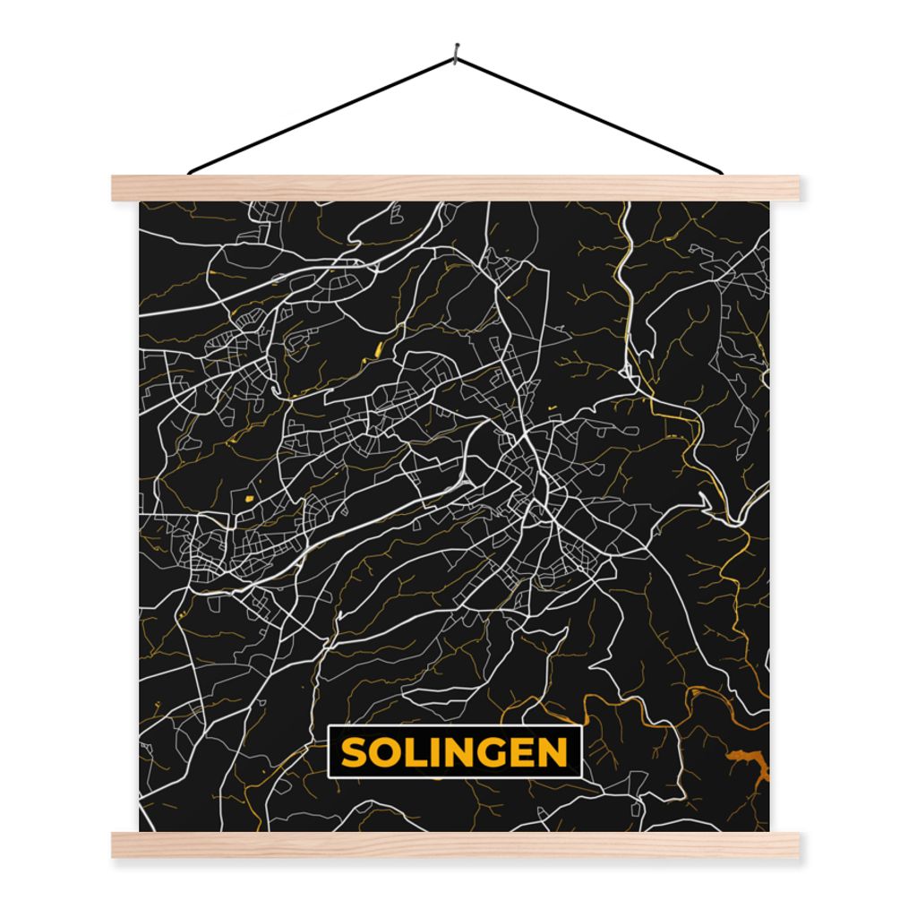 MuchoWow Textilposter Solingen - Gold - Stadtplan - Deutschland - Karte 60x60 cm mit holzfarbenen Rahmen - Wanddekoration