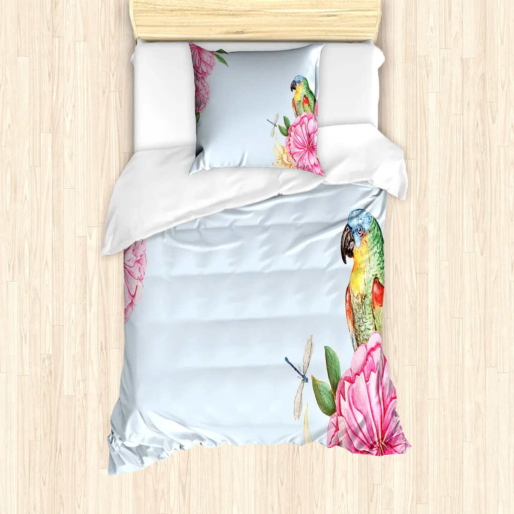 ABAKUHAUS Set copripiumino per letto singolo con motivo floreale e insetti, pappagalli acquerellati, antiacaro e anallergico, con federa, 135 cm x 200 cm - 80 x 80 cm, azzurro e multicolore