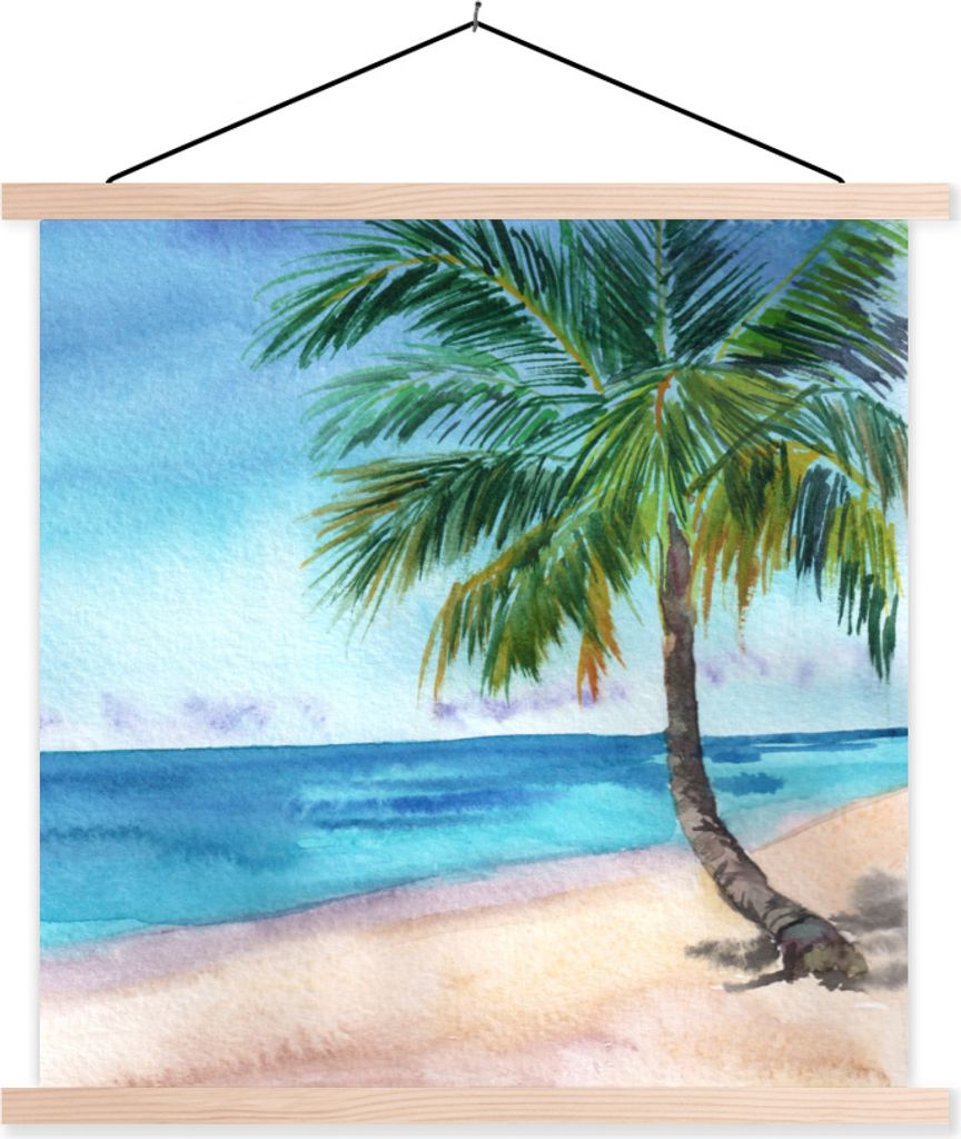 MuchoWow Textilposter Meer - Palme - Strand 40x40 cm mit holzfarbenen Rahmen - Posterleiste