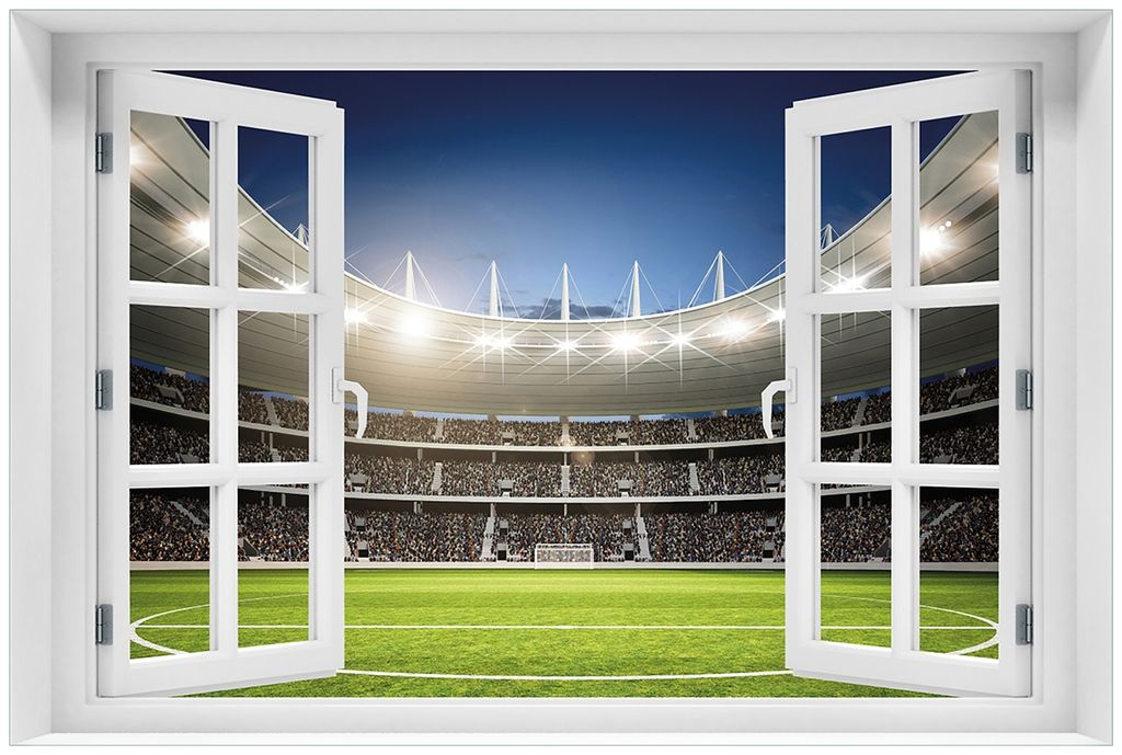 Wallario Premium Glasbild mit Fensterrahmen, freischwebende Optik, kräftige Farben, Größe 60 x 90 cm Motiv Fußballstadion Mittellinie