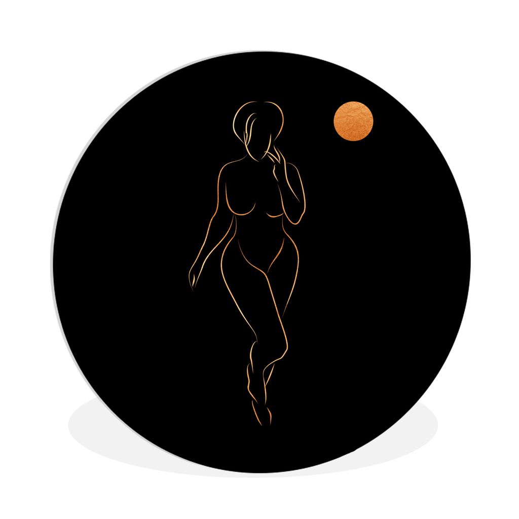 MuchoWow Rundes Wandbild - Runde Bilder Frau - Mond - Gold - Strichzeichnung Ø 90 cm Kreis Wanddekoration Kunststoff - Wandkreis - Wandschmuck -...