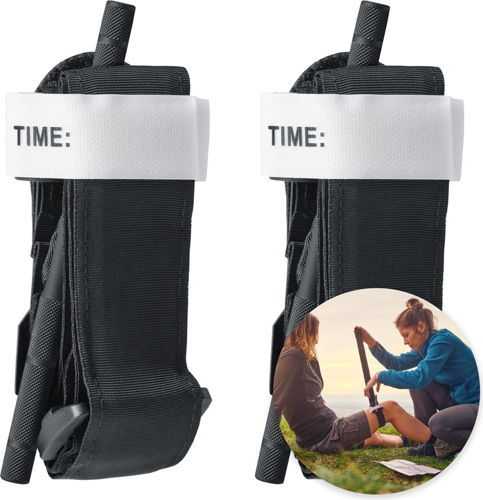 Two black tourniquets are shown, one on the left and one on the right. The right tourniquet is accompanied by a circular inset image showing a person applying a tourniquet to another person's leg.