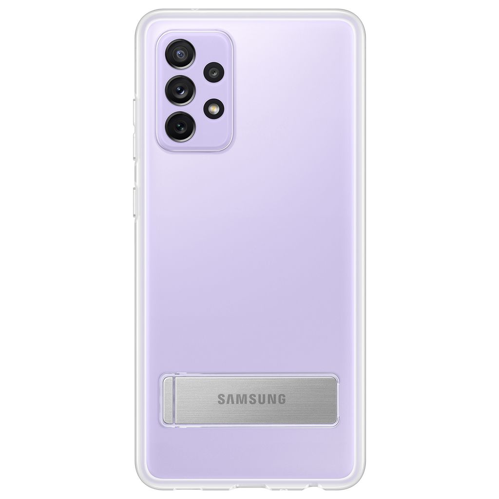 A clear, professional studio shot of the back of a transparent purple phone case with a built-in kickstand.