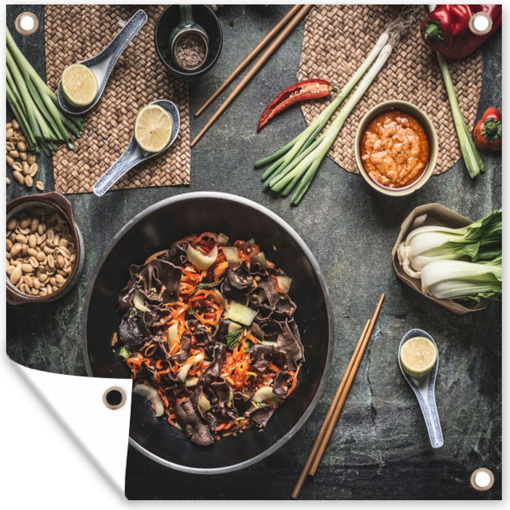 MuchoWow 80x60 cm Outdoor-Poster Gartendeko Sichtschutz Garten Poster für den Garten Wok-Pfanne in einer asiatischen Küche