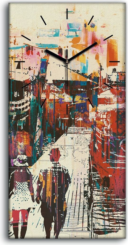 Leinwand Wanduhr Wandkunst Uhr Quarz 30x60 Straße Paar Boote Bauen farbenfroh - schwarze Hände