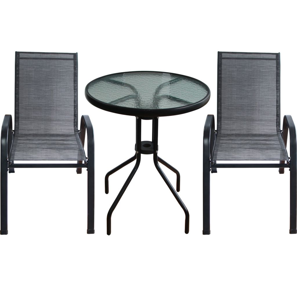 TONIO Balkonmöbelset, 2-Sitzer, Outdoor-Tisch und 2 Stühle, schwarz, stapelbare Stühle, Gartenmöbelset
