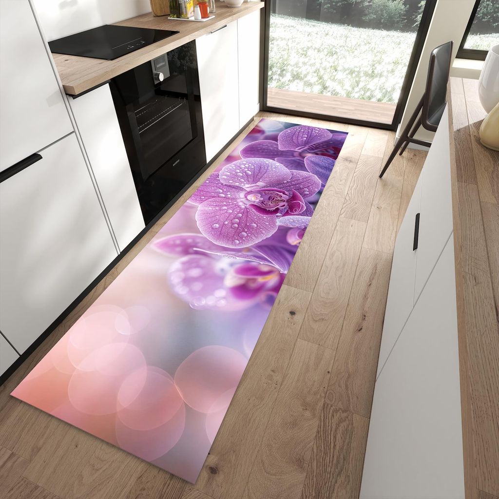 Küchenteppich 80x280cm rutschfest & abwischbar PVC Läufer - Orchideenblüten