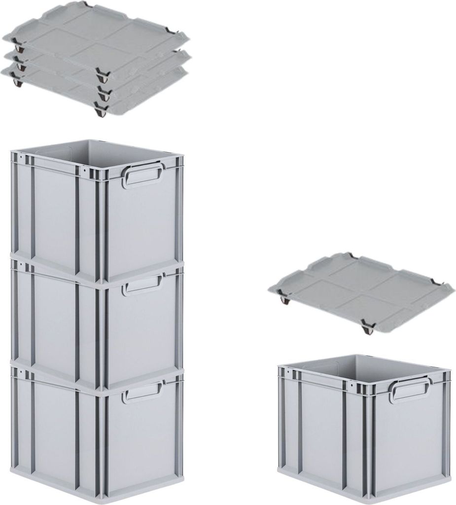 SuperSparSet 4x Eurobox NextGen Economy mit Auflagedeckel und 4x Schiebeschnappverschlüsse Schwarz | Griffe geschlossen | HxBxT 32x30x40cm | 30 Li...