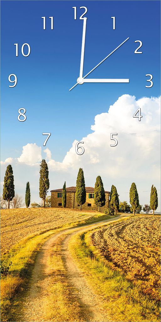 Wallario Design Wanduhr Italien - Toskana unter blauem Himmel einsame Farm aus Echtglas, Größe 30 x 60 cm
