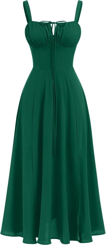 ASKSA Damen Sommer y aermellos Spaghettitraeger Boho Blumen Lang Kleid mit Schlitz (Gruen,XL)