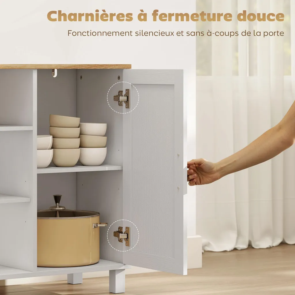 Buffet de Cuisine Moderne Blanc avec Étagères Réglables et Rangement