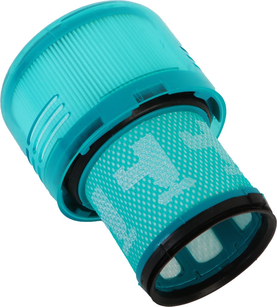 A close-up studio shot of a teal vacuum cleaner filter.