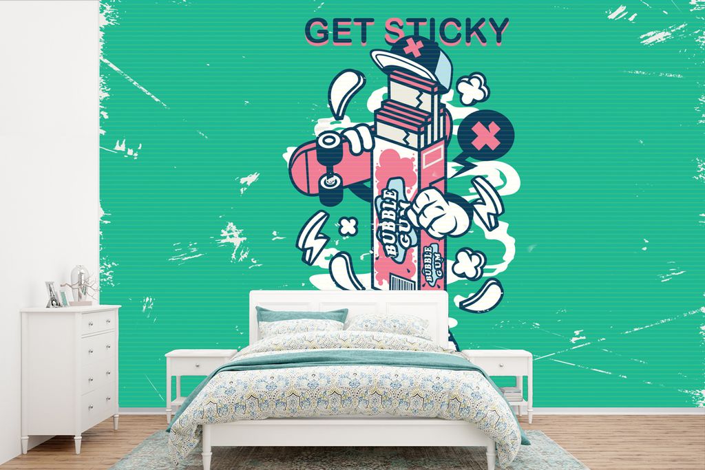 MuchoWow Fototapete für Wohnzimmer oder Schlafzimmer Wandtapete Vinyl Motivtapete Jahrgang - Kaugummi - Skateboard - 450x300 cm - Gemusterte