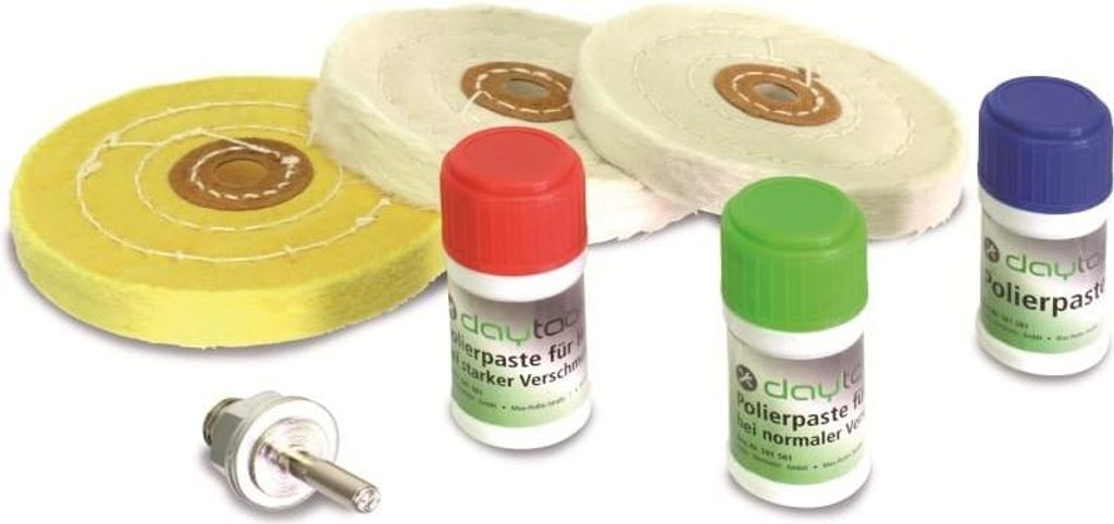 DAYTOOLS Polier-Set PS-100/3 | 7-teilig | für Bohrmaschine & Akkuschrauber | 3 Polierscheiben | Ø 100 mm | 3 Polierpasten | für Stahl, Edelstahl...