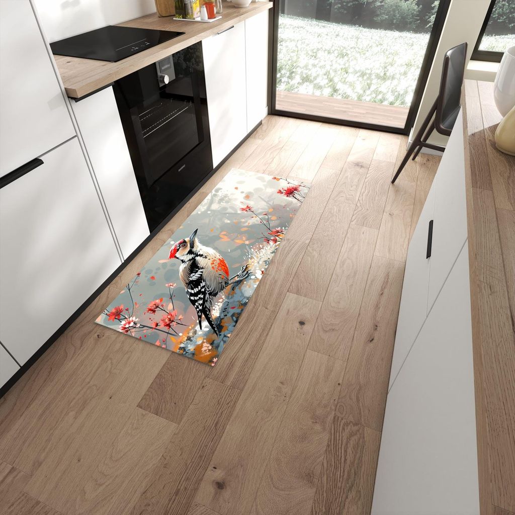 Küchenteppich 60x150cm rutschfest & abwischbar PVC Läufer - Specht zwischen Blumen
