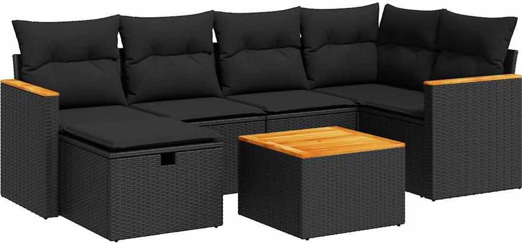 7-tlg. Garten-Sofagarnitur mit Kissen Schwarz Poly Rattan