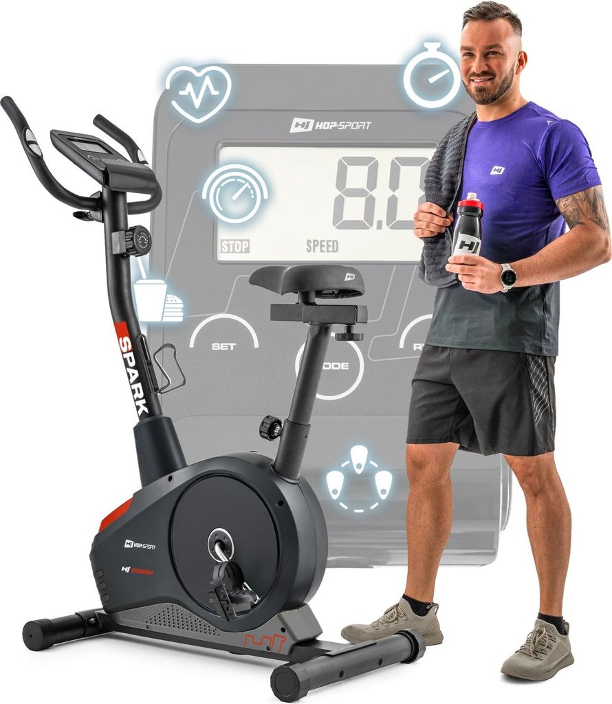 Hop-Sport Heimtrainer Fahrrad Spark Rot für Zuhause - magnetischer Hometrainer mit verstellbarem Sitz & Lenker, Pulssensoren, LCD-Display - bis 120kg