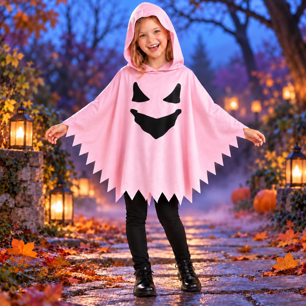 Kinder Geisterkostüm Pink mit Kapuze – Halloween Poncho für Produktbild 