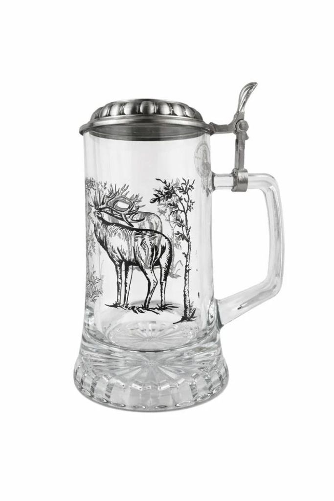 Glas-Bierkrug mit Hirsch-Motiv und Zinndeckel 0,4 l – Produktbild 