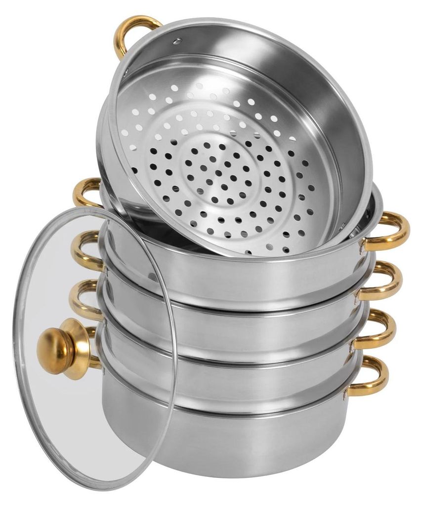 Dampfgarer Topf - 5-stöckiger Edelstahltopf - 28 x 45 cm - Stapelbarer Dämpfeinsatz mit Deckel - Rund - Silber