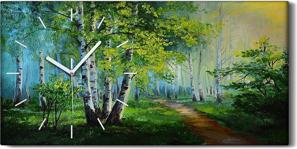 Wanduhr Uhr Wandbild Leinwand 60x30 Malerei Wald Bäume Pfad Blätter Kunst - weiße Hände