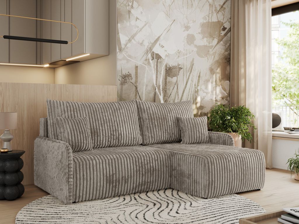 MKS MEBLE L-förmiges Ecksofa für das Wohnzimmer, Ecksofa mit Schlaffunktion und Bettkästen, Wohnlandschaft, losen Kissen - ARPA - Hellbraun Cord...