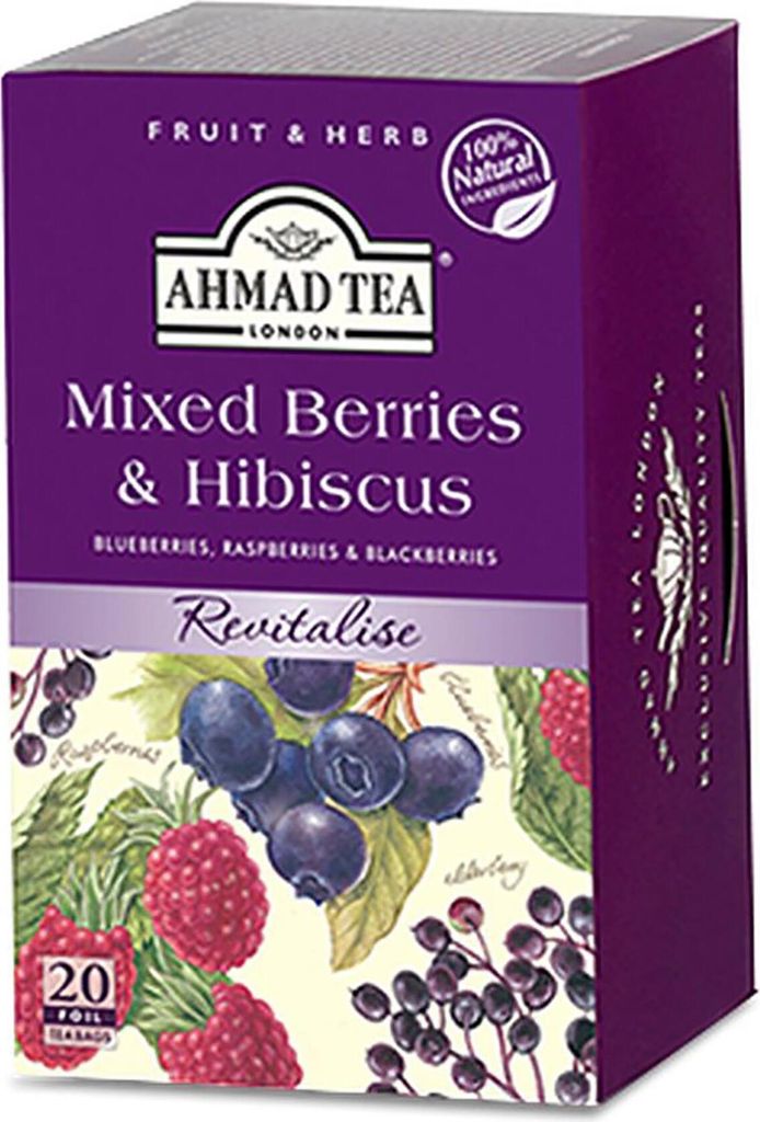 Ahmad Tea Mixed Berries & Hibiscus Früchtetee, 20 Teebeutel, 40g – Beeren-Hibiskus-Mischung koffeinfrei
