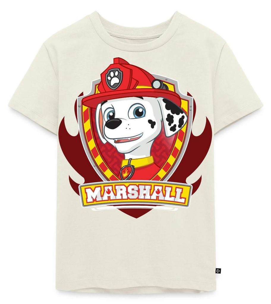 Spreadshirt Paw Patrol Marshall Feuerwehrhund Feuerwehr Emblem Kinder Premium T-Shirt, 134/140 (8 Jahre), Naturweiß