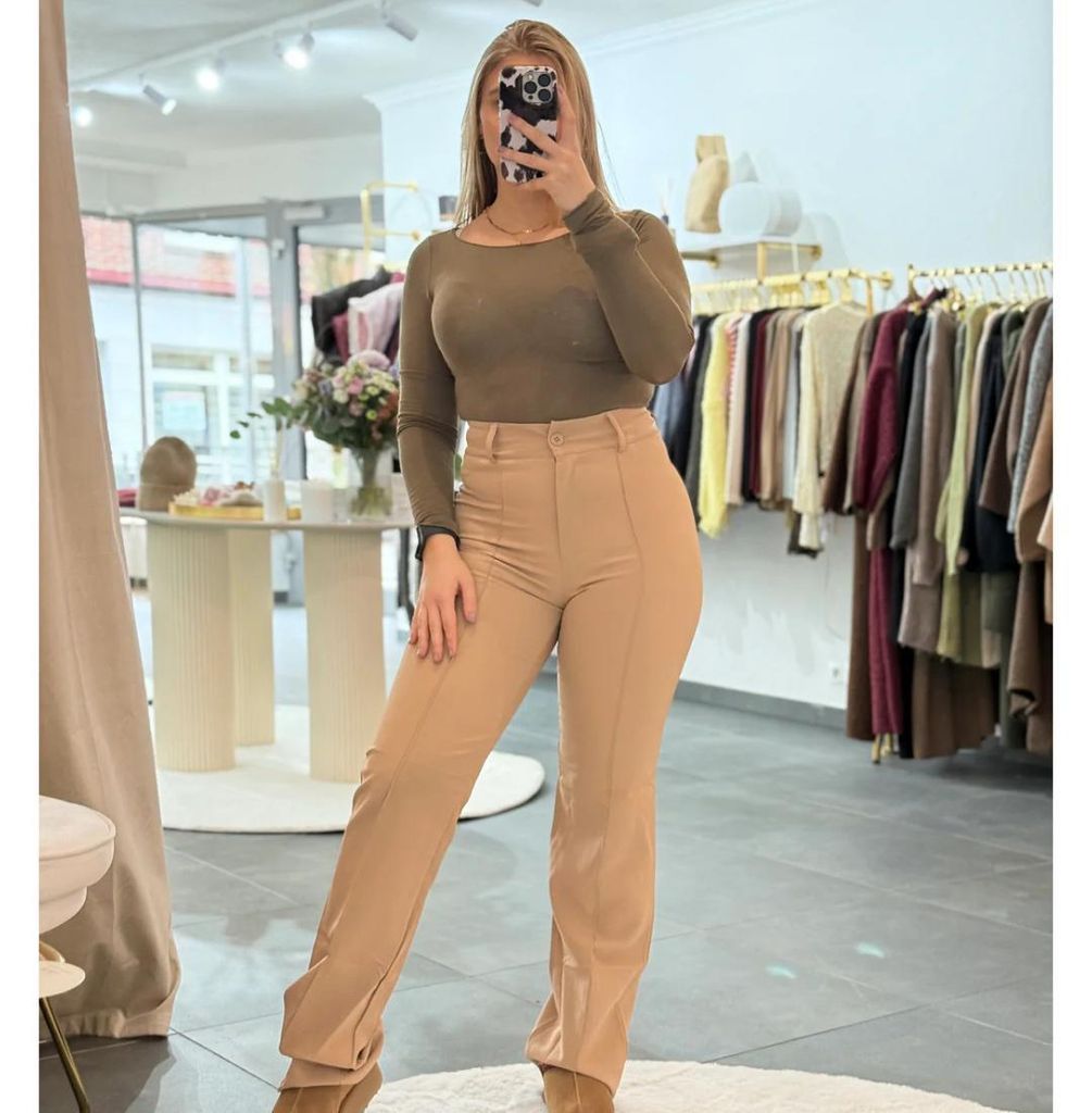 Hose Lange für Damen "Aylin" Beige, Größe S - figurbetonte Hosen Highwaist Schnitt,mit Knopf & Schlaufen Gürtel Frauen Wanderhosen, Stoffhosen ...
