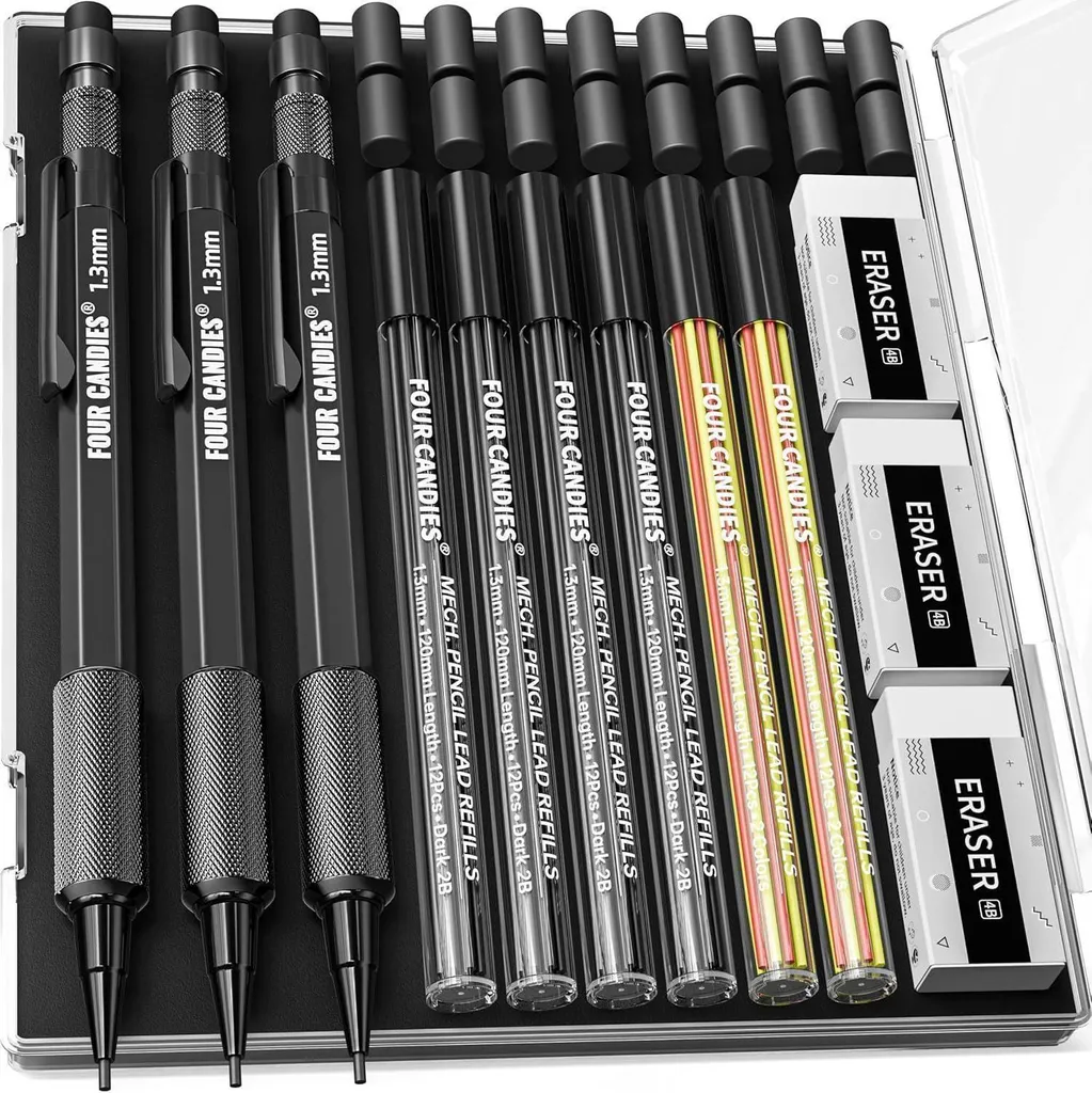 Set Matite Meccaniche Metallo Professionali: 48 Mine, Astuccio e Gomme - 1