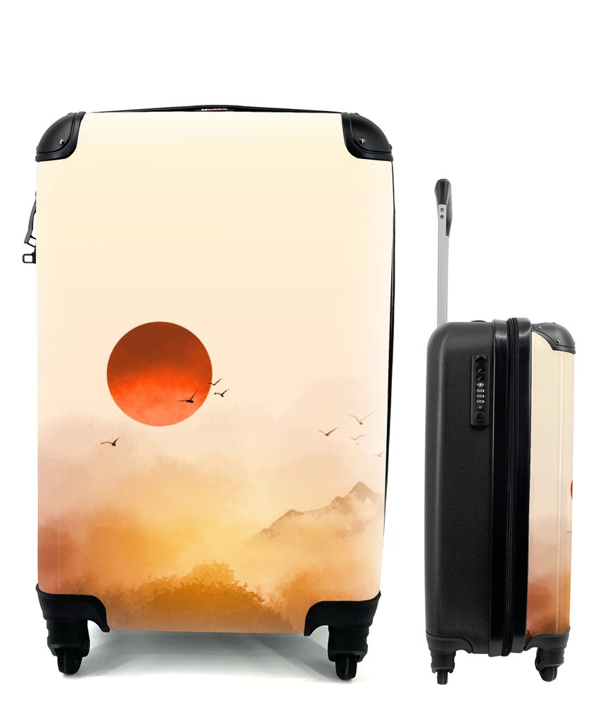 MuchoWow Koffer Handgepäck Trolley Rollkoffer Kleine Reisekoffer mit 4 Rollen - Malerei - Sonne - Landschaft - Vögel - Cabin Size < 55x40x23 cm...