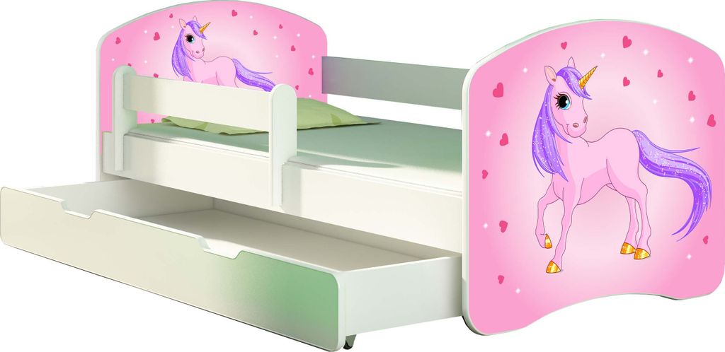 ACMA Jugendbett Kinderbett Junior-Bett Komplett-Set mit Matratze Lattenrost und Rausfallschutz Weiß 17 Pony 140x70 + Bettkasten