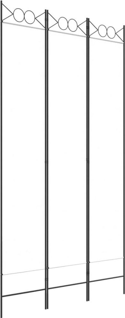 A product shot of a gray metal screen divider with circular decorative elements at the top.